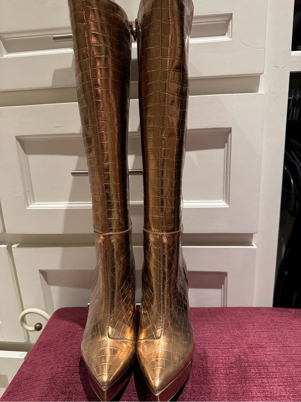 Thalia Sodi Metallic Bronze Croc-Embossed Knee-High Boots